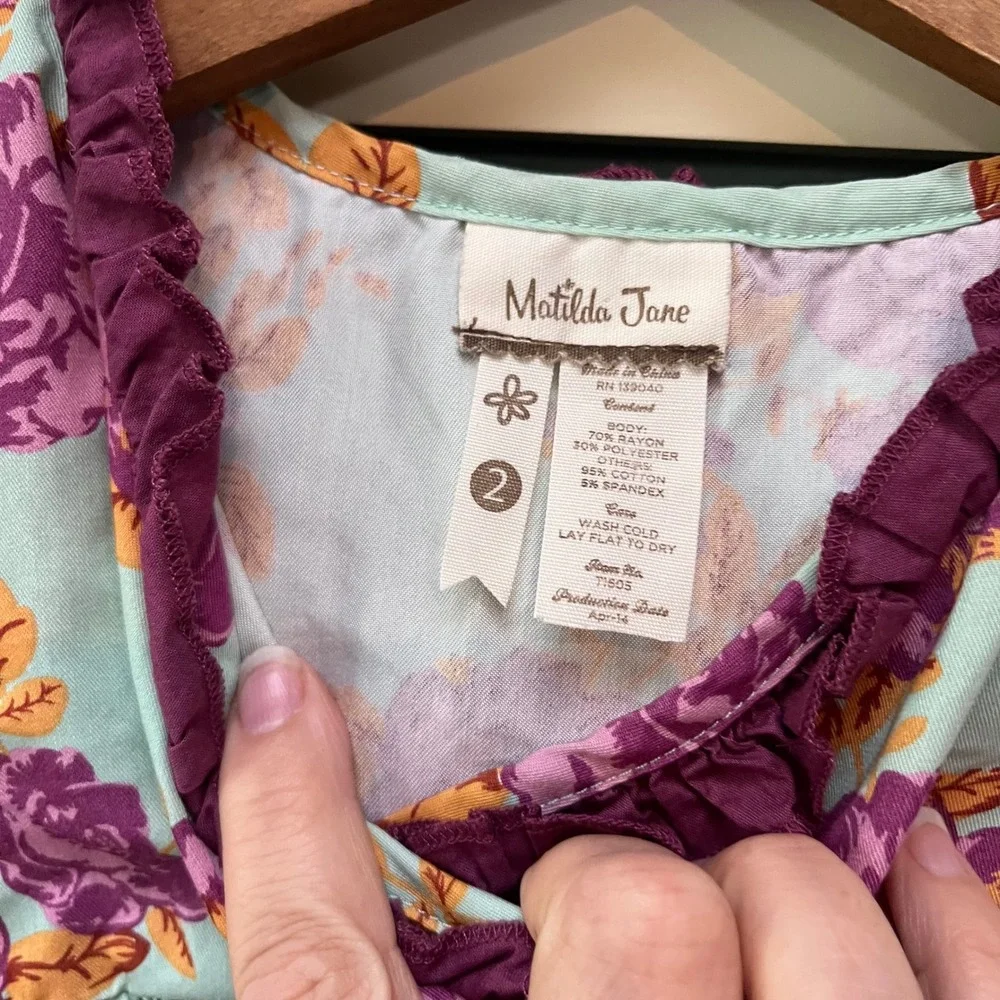 Matilda Jane Girls Teal Purple Floral Ruffle Wrap Dress Size 2 Toddler